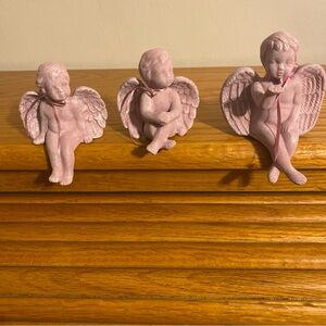 Set of Three Pink Cherub Angel Sculpture Figurines
